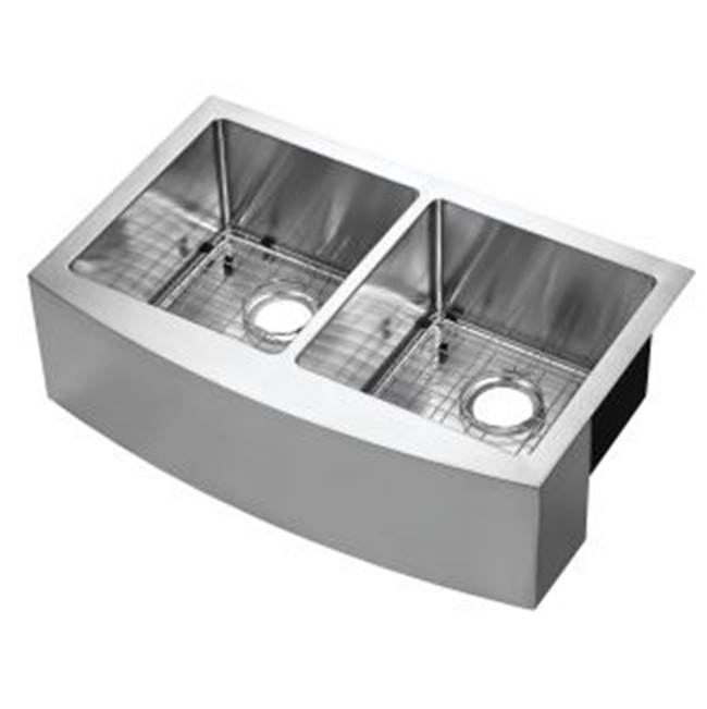 Compass Manufacturing Belleville Under Mount 33 X 21 X 10'' 50/50 Curved Front Apron Farm Sink 16 Ga, With Sink Grids