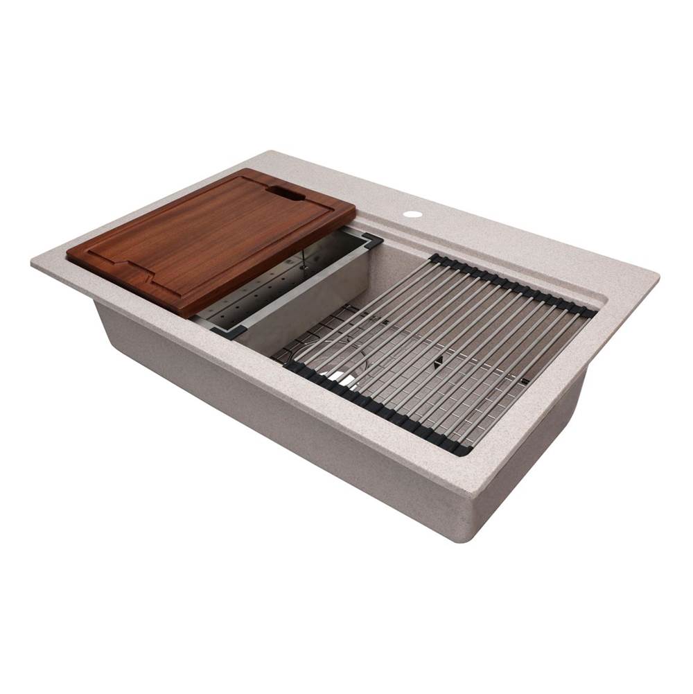 Compass Manufacturing 33'' X 22'' X 9'' Dual-Mount Granite Composite Work Station, Includes: Sink Colander, Cutting Board, Drying Rack & Sink Grid, Sand Finish
