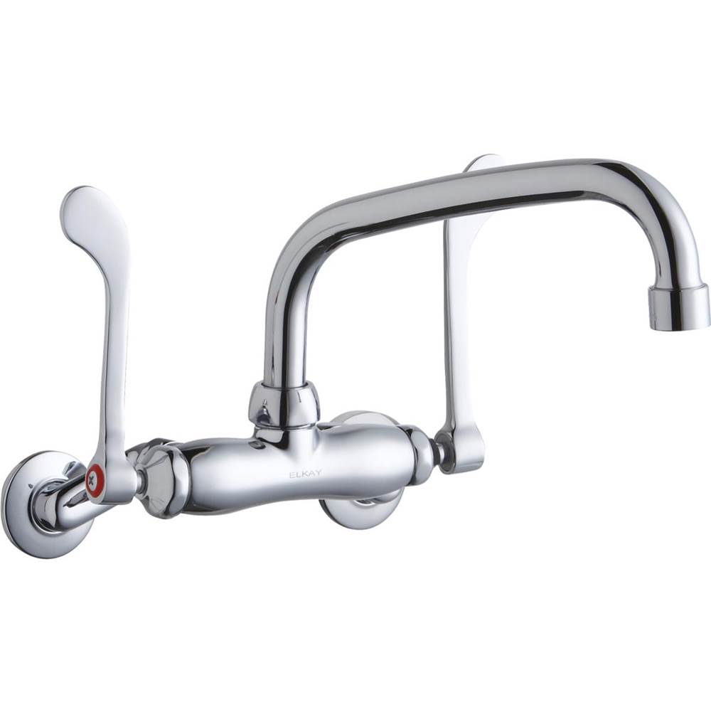 Elkay Foodservice 3-8'' Adjustable Centers Wall Mount Faucet w/8'' Arc Tube Spout 6'' Wristblade Handles 2in Inlet