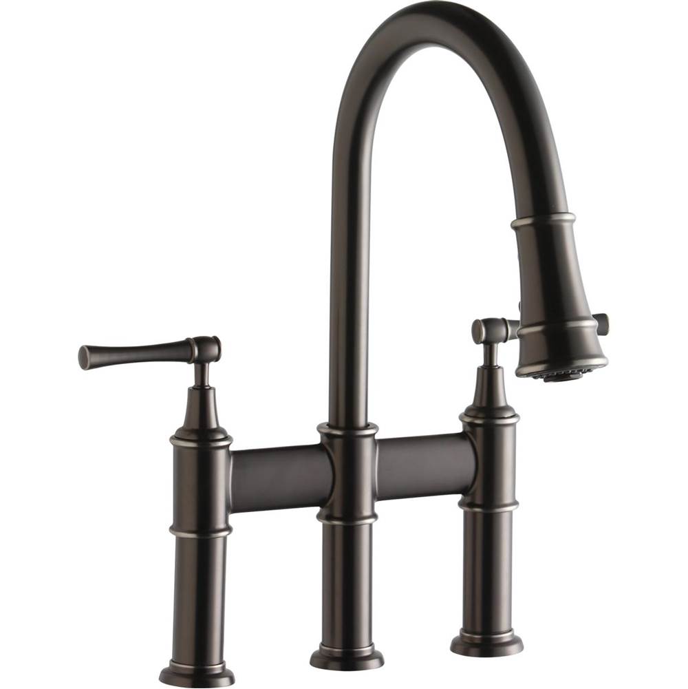 Elkay Explore Three Hole Bridge Faucet with Pull-down Spray and Lever Handles Antique Steel