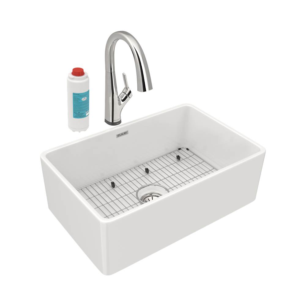 Elkay Fireclay 30'' x 19-15/16'' x 9-1/8'', Single Bowl Farmhouse Sink Kit with Filtered Faucet, White