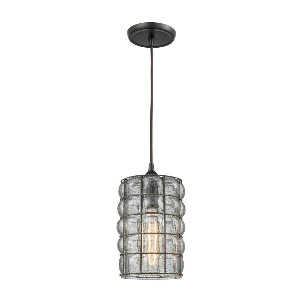 Elk Lighting Murieta 1-Light Mini Pendant in Oiled Bronze With Wire Cage and Speckled Seedy Glass