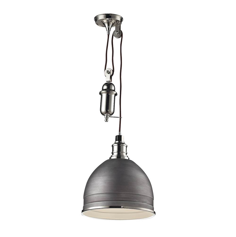 Elk Lighting Carolton 1-Light Adjustable Pendant in Polished Nickel and Weathered Zinc With Gray Shade