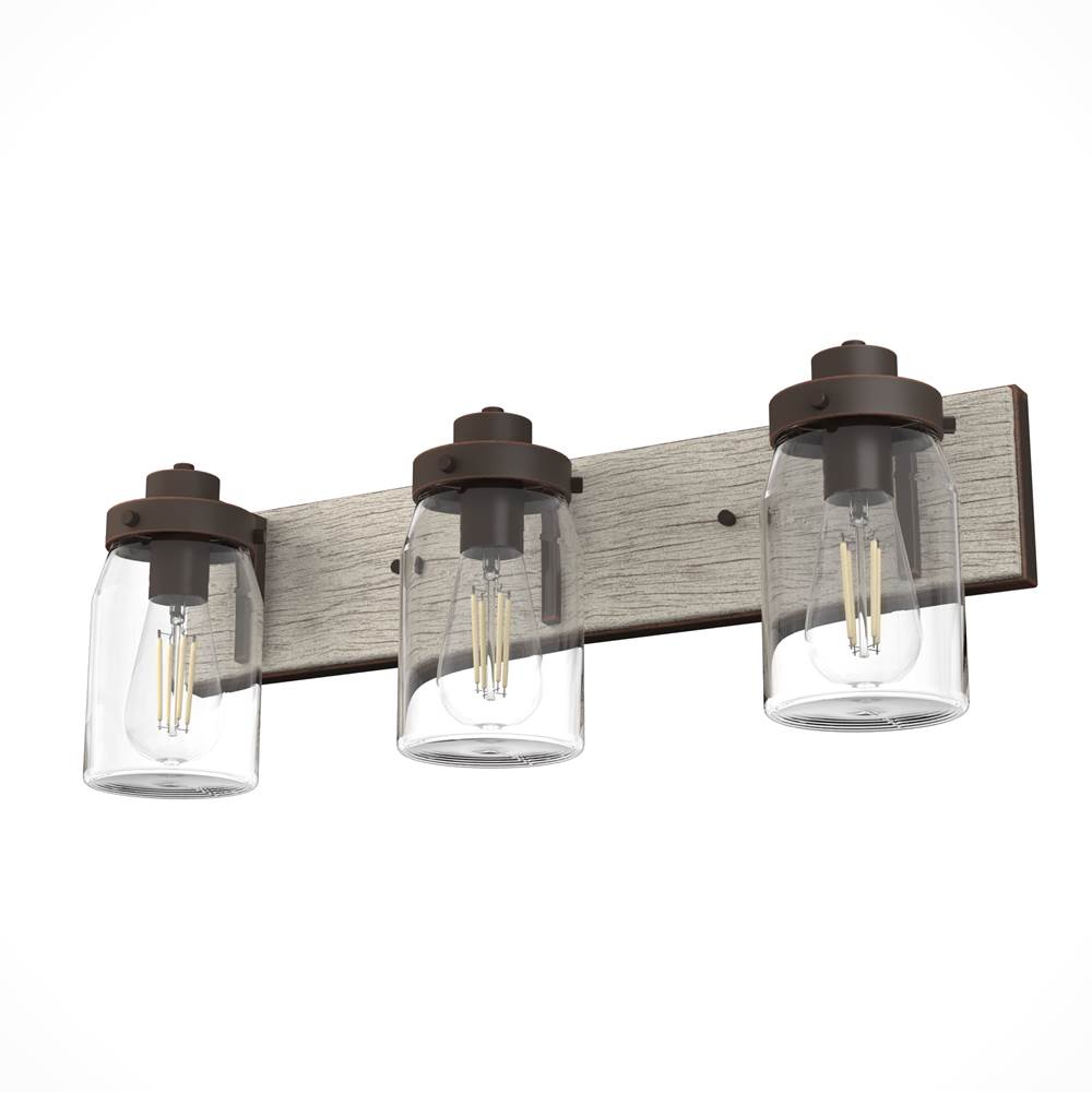Hunter Devon Park Onyx Bengal and Barnwood with Clear Glass 3 Light Vanity Wall Light Fixture