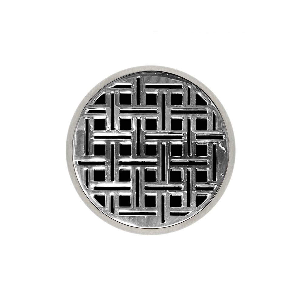 Infinity Drain 5'' Round RVD 5 Complete Kit with Weave Pattern Decorative Plate in Polished Stainless with Cast Iron Drain Body for Hot Mop, 2'' Outlet