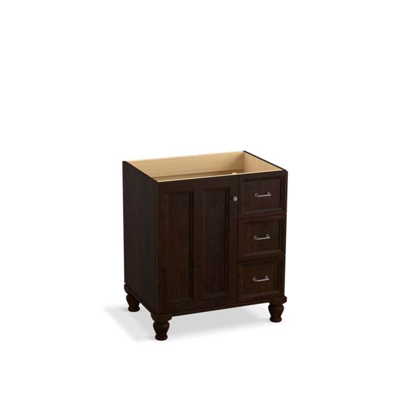 Kohler Damask® 30'' bathroom vanity cabinet with furniture legs, 1 door and 3 drawers on right