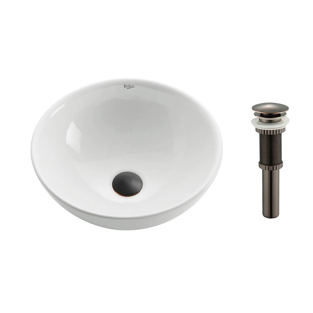 Kraus KRAUS Soft Round Ceramic Vessel Bathroom Sink in White with Pop-Up Drain in Oil Rubbed Bronze