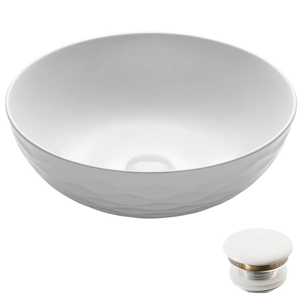 Kraus Viva Round White Porcelain Ceramic Vessel Bathroom Sink with Pop-Up Drain, 16 1/2 in. D x 5 1/2 in. H