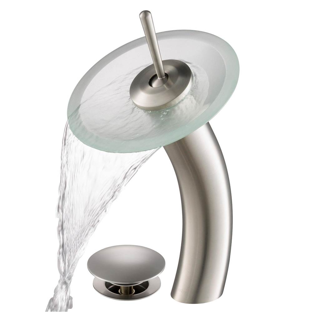 Kraus KRAUS Tall Waterfall Bathroom Faucet for Vessel Sink with Frosted Glass Disk and Pop-Up Drain, Satin Nickel Finish