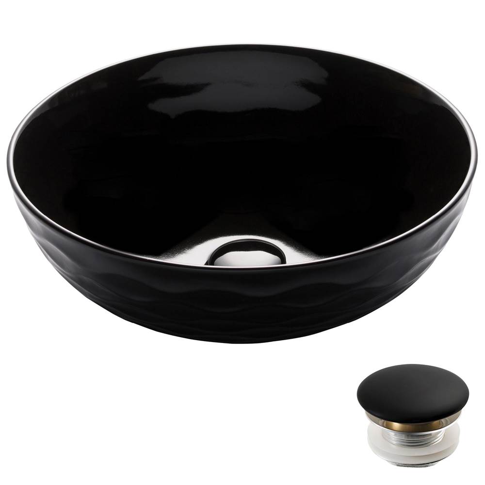 Kraus Viva Round Black Porcelain Ceramic Vessel Bathroom Sink with Pop-Up Drain, 16 1/2 in. D x 5 1/2 in. H