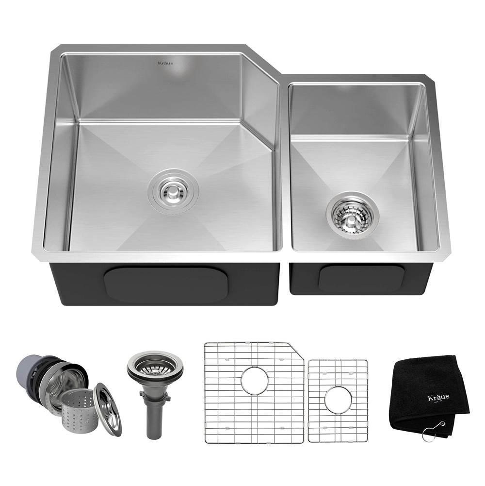 Kraus 32 Inch Undermount 60/40 Double Bowl 16 Gauge Stainless Steel Kitchen Sink with NoiseDefend Soundproofing