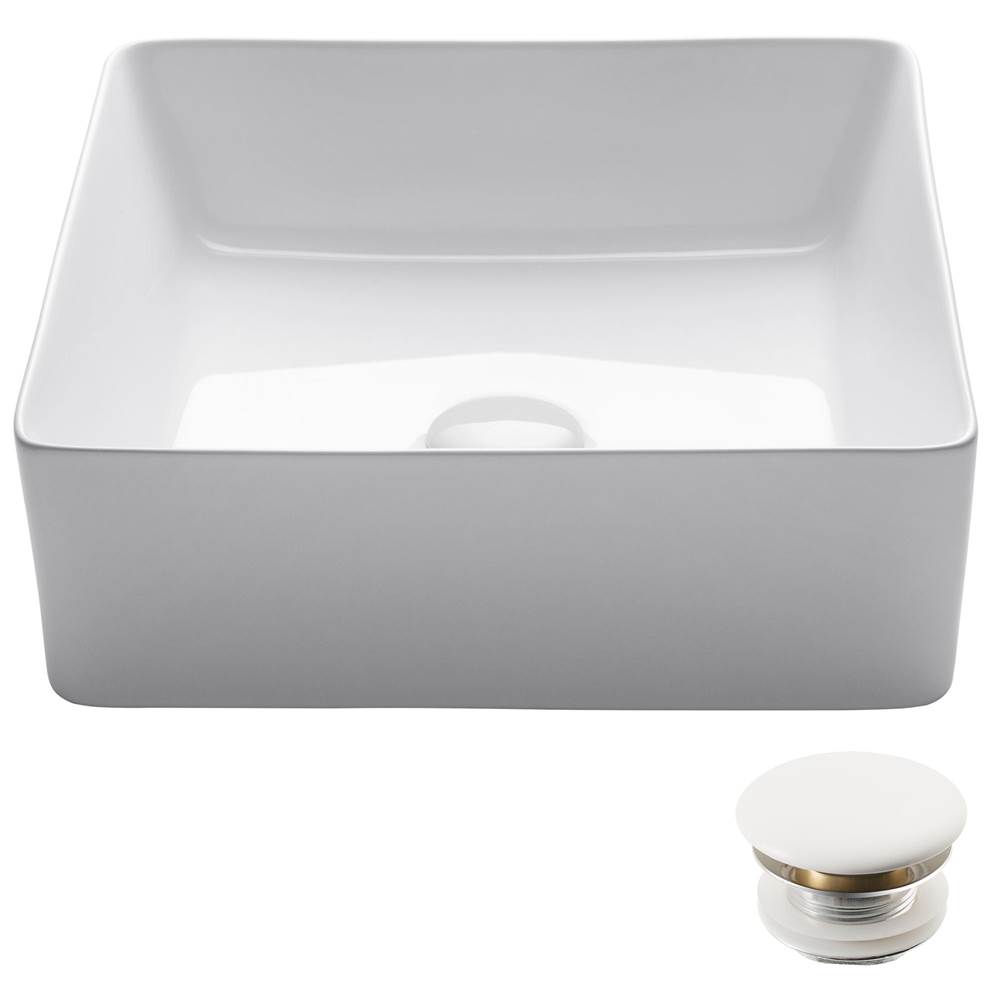 Kraus Viva Square White Porcelain Ceramic Vessel Bathroom Sink with Pop-Up Drain, 15 5/8 in. L x 15 5/8 in. W x 5 1/8 in. H
