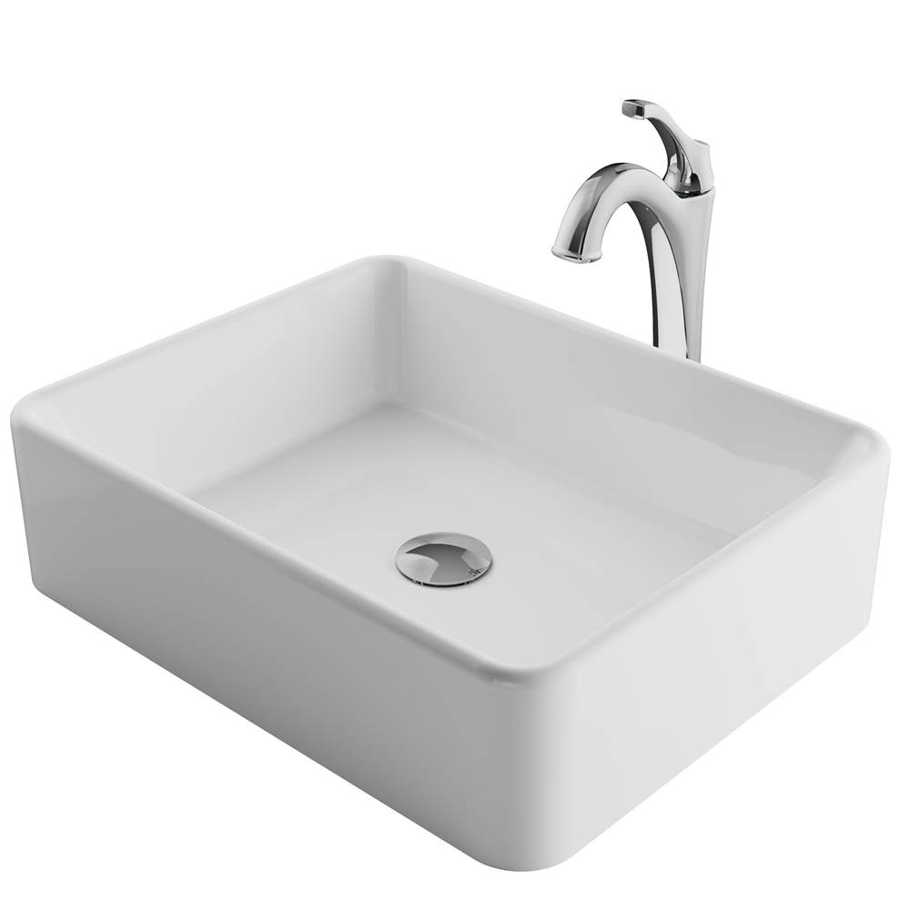 Kraus Elavo 19-inch Modern Rectangular White Porcelain Ceramic Bathroom Vessel Sink and Arlo Faucet Combo Set with Pop-Up Drain, Chrome Finish