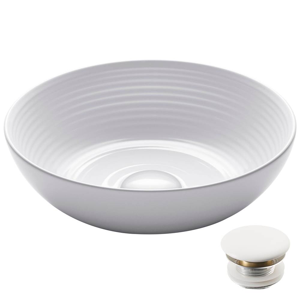 Kraus Viva Round White Porcelain Ceramic Vessel Bathroom Sink with Pop-Up Drain, 13 in. D x 4 3/8 in. H