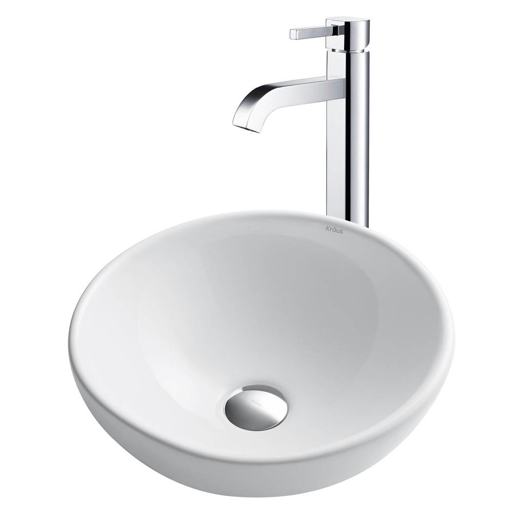 Kraus 16-inch Round White Porcelain Ceramic Bathroom Vessel Sink and Ramus Faucet Combo Set with Pop-Up Drain, Chrome Finish