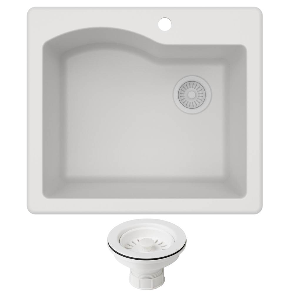 Kraus Quarza 25'' Dual Mount Single Bowl Granite Kitchen Sink and Strainer in White