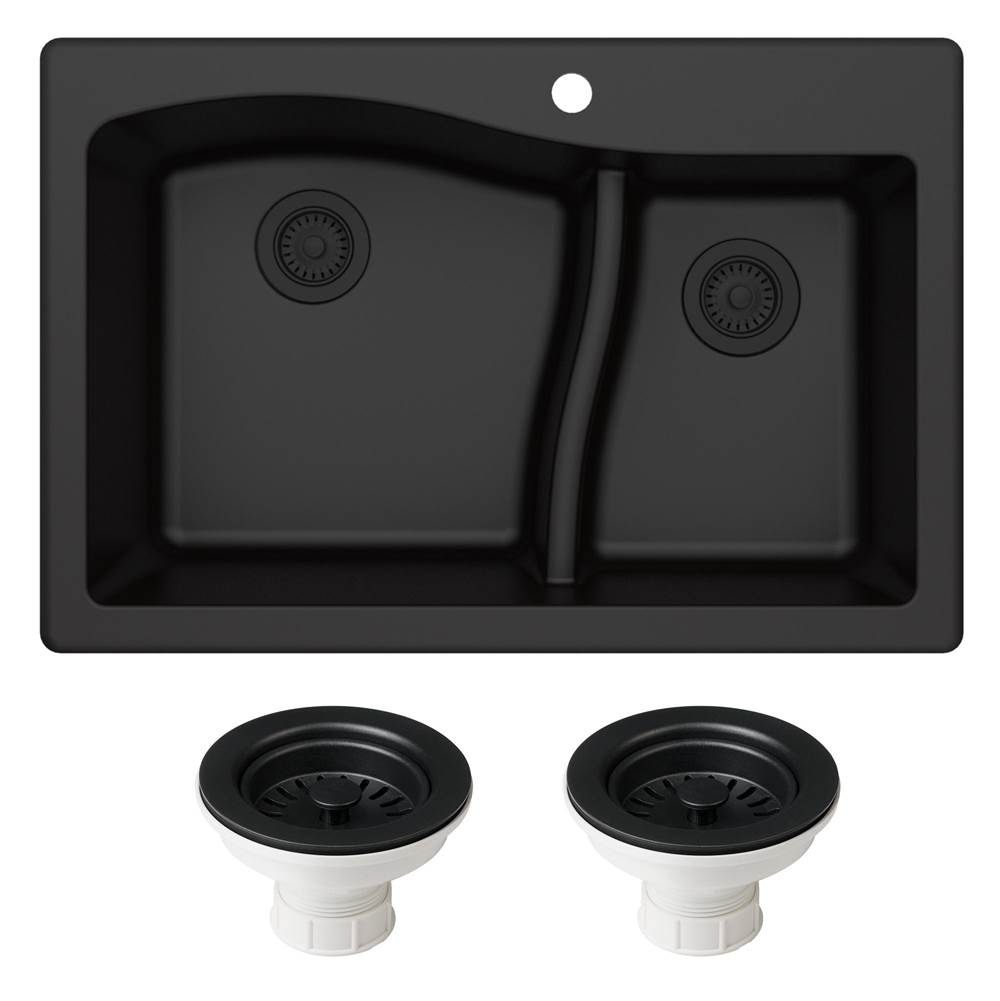 Kraus Quarza 33'' Dual Mount 60/40 Double Bowl Granite Kitchen Sink and Strainers in Black