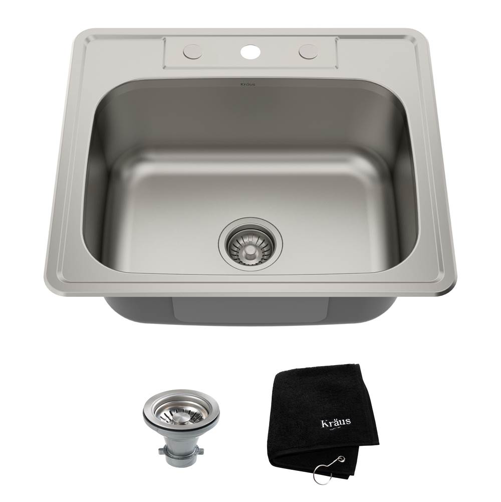 Kraus KRAUS 25 Inch Topmount Single Bowl 18 Gauge Stainless Steel Kitchen Sink with NoiseDefend Soundproofing