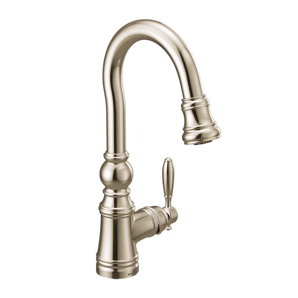 Moen Weymouth Shepherd''s Hook Pulldown Kitchen Bar Faucet Featuring Metal Wand with Power Clean, Polished Nickel