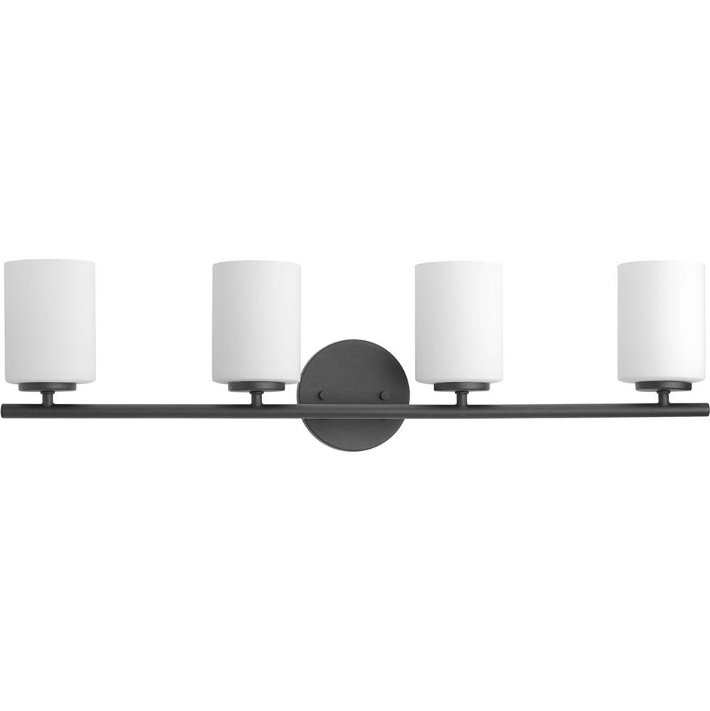 Progress Lighting Replay Collection Four-Light Textured Black Etched Glass Modern Bath Vanity Light