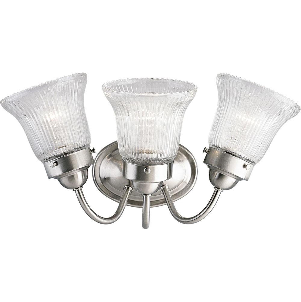 Progress Lighting Fluted Glass Collection Three-Light Brushed Nickel Clear Prismatic Glass Traditional Bath Vanity Light