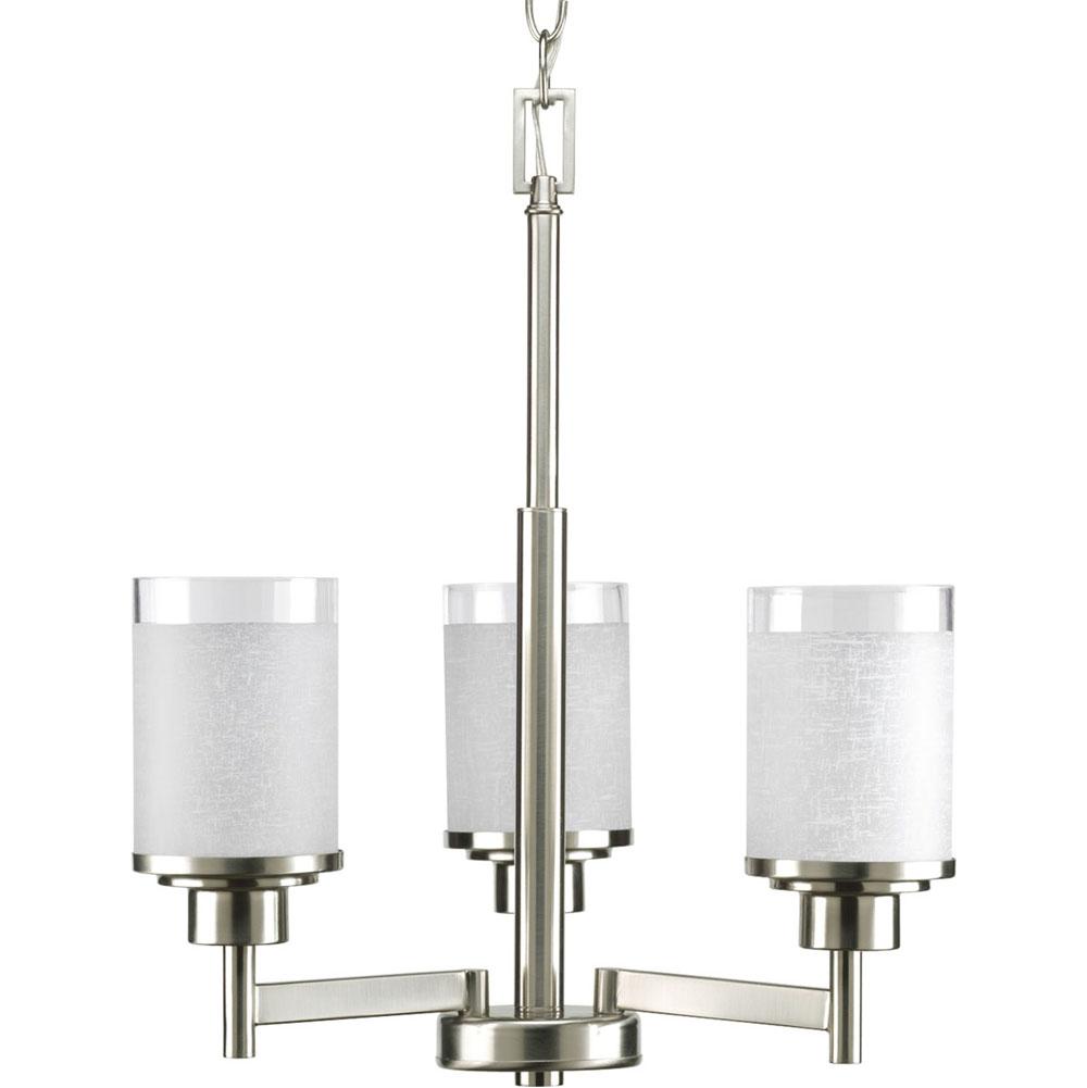 Progress Lighting Alexa Collection Three-Light Brushed Nickel Etched Linen With Clear Edge Glass Modern Chandelier Light