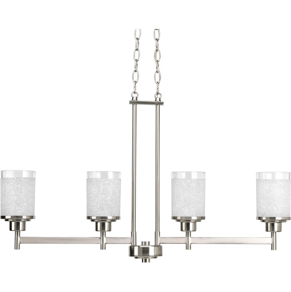 Progress Lighting Alexa Collection Four-Light Brushed Nickel Etched Linen With Clear Edge Glass Modern Linear Chandelier Light