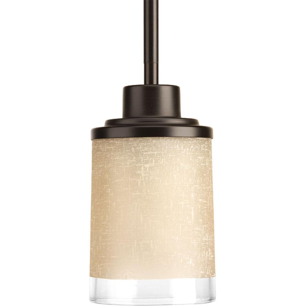 Progress Lighting Alexa Collection One-Light Antique Bronze Etched Umber Linen With Clear Edge Glass Modern Mini-Pendant Light