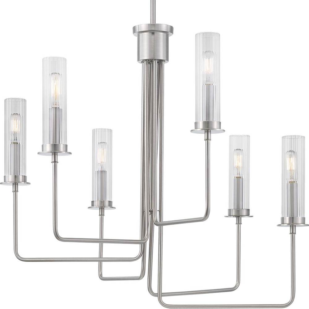 Progress Lighting Rainey Collection Six-Light Brushed Nickel Clear Fluted Ribbed Glass Modern Chandelier Light