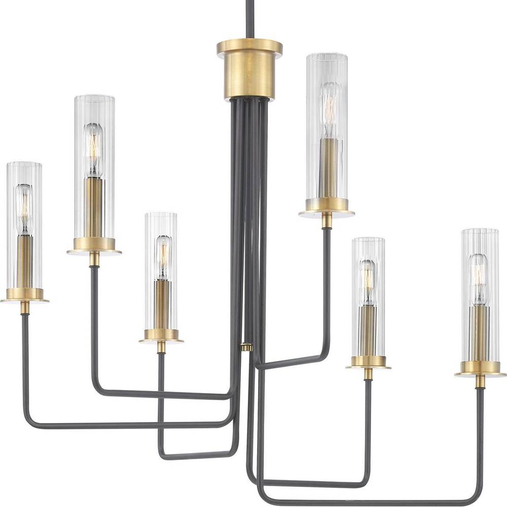Progress Lighting Rainey Collection Six-Light Graphite Clear Fluted Ribbed Glass Modern Chandelier Light