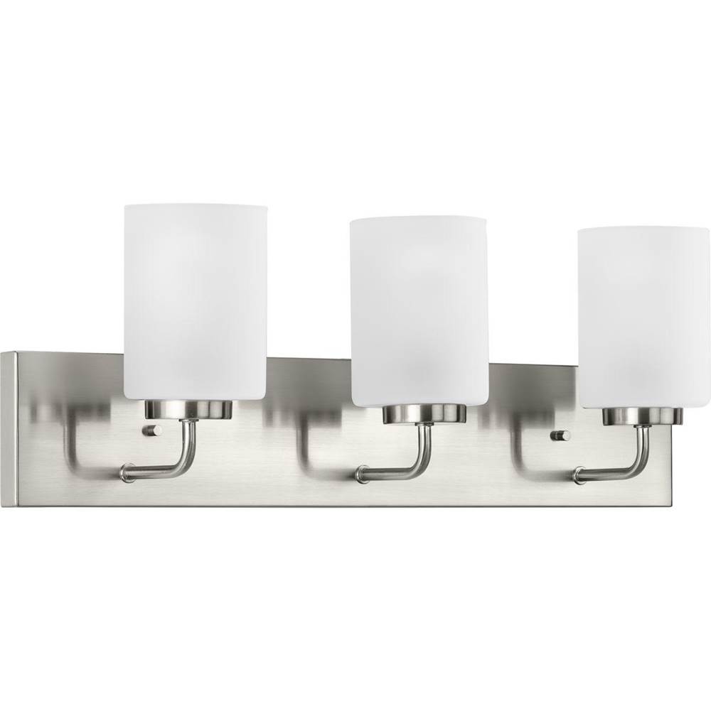 Progress Lighting Merry Collection Three-Light Brushed Nickel and Etched Glass Transitional Style Bath Vanity Wall Light