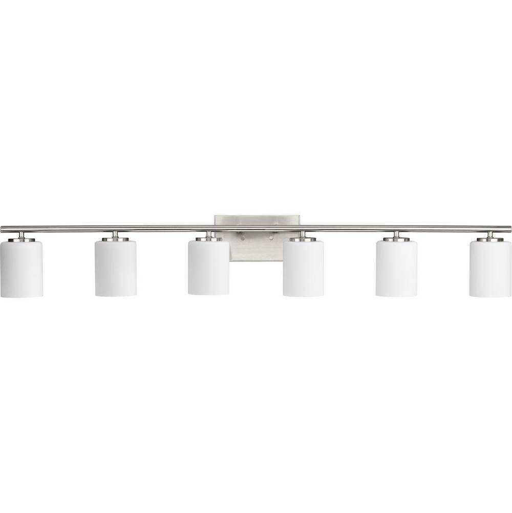 Progress Lighting Replay Collection Six-Light Traditional Brushed Nickel Etched White Glass Bath Vanity Light