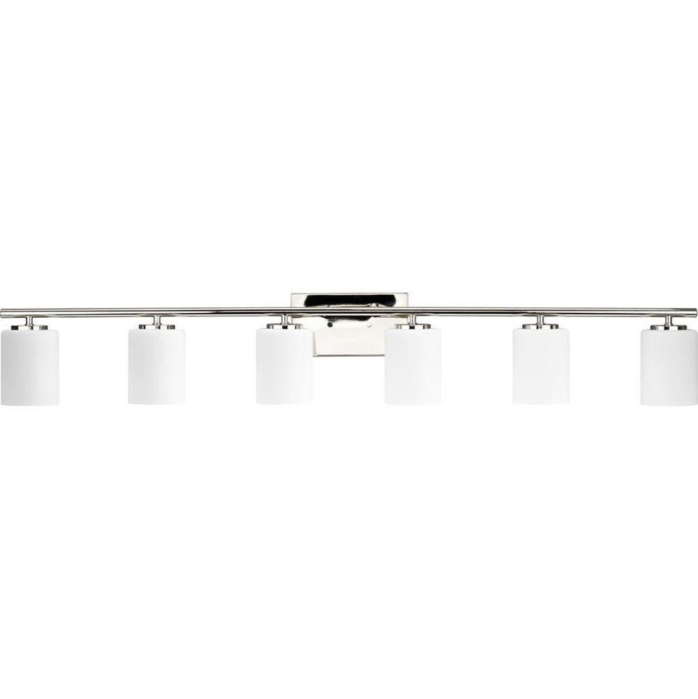 Progress Lighting Replay Collection Six-Light Traditional Polished Nickel Etched White Glass Bath Vanity Light