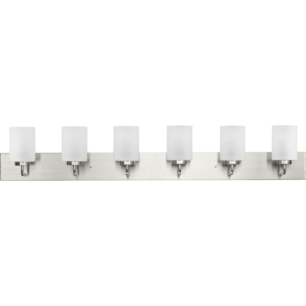 Progress Lighting Merry Collection Six-Light Brushed Nickel and Etched Glass Transitional Style Bath Vanity Wall Light