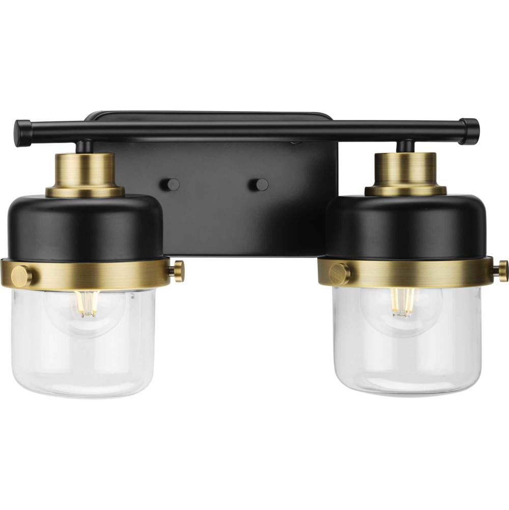 Progress Lighting Beckner Collection Two-Light Matte Black Clear Glass Urban Industrial Bath Light with Vintage Brass Accents