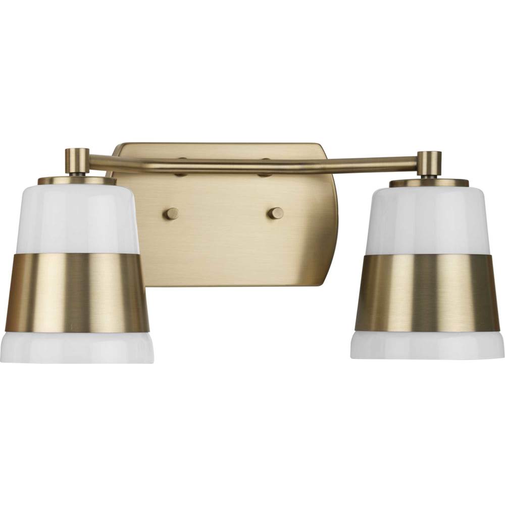 Progress Lighting Haven Collection Two-Light Vintage Brass Opal Glass Luxe Industrial Bath Light