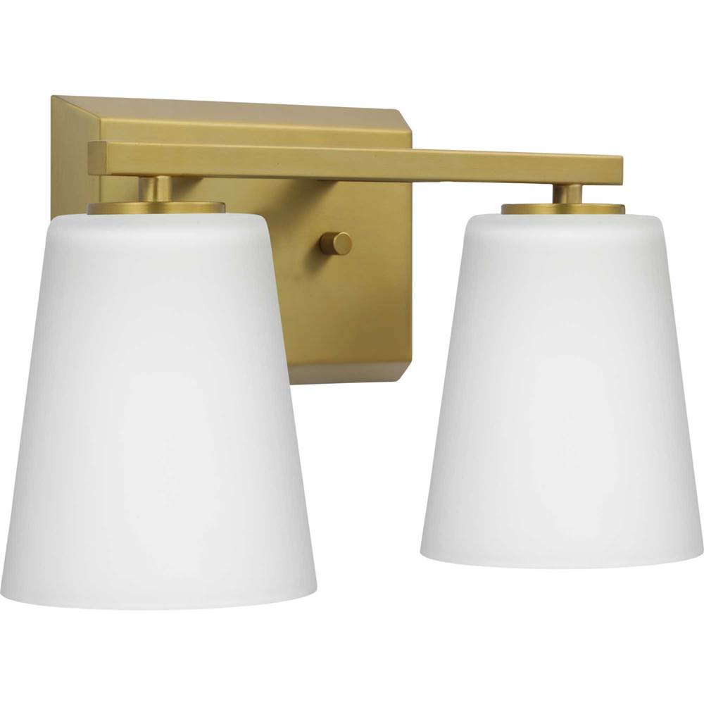 Progress Lighting Vertex Collection Two-Light Brushed Gold Etched White Glass Contemporary Bath Light