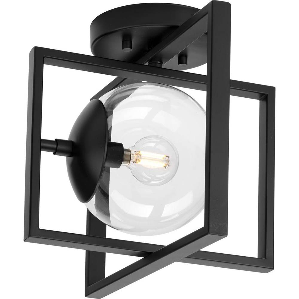 Progress Lighting Atwell Collection 10'' One-Light Mid-Century Modern Matte Black Clear Glass Semi-Flush Mount Light