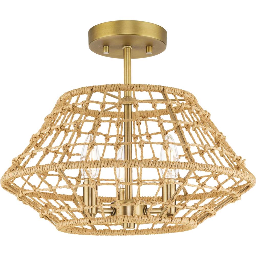 Progress Lighting Laila Collection 16 in. Three-Light Vintage Brass Coastal Semi-Flush Convertible with Woven Jute Accents
