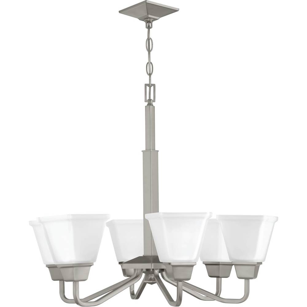Progress Lighting Clifton Heights Collection Six-Light Brushed Nickel Etched Glass Craftsman Chandelier Light