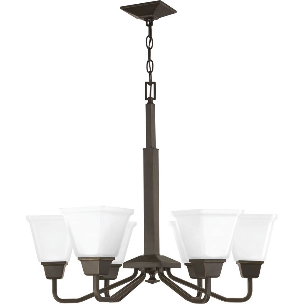 Progress Lighting Clifton Heights Collection Six-Light Antique Bronze Etched Glass Craftsman Chandelier Light