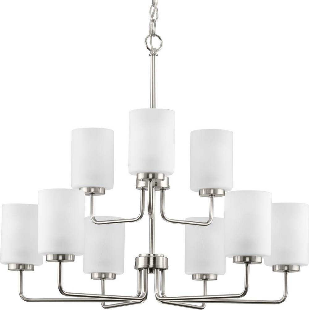 Progress Lighting Merry Collection Nine-Light Brushed Nickel and Etched Glass Transitional Style Chandelier Light