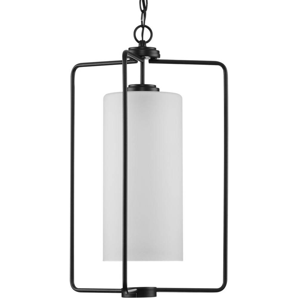 Progress Lighting Merry Collection One-Light Matte Black and Etched Glass Transitional Style Foyer Pendant Light