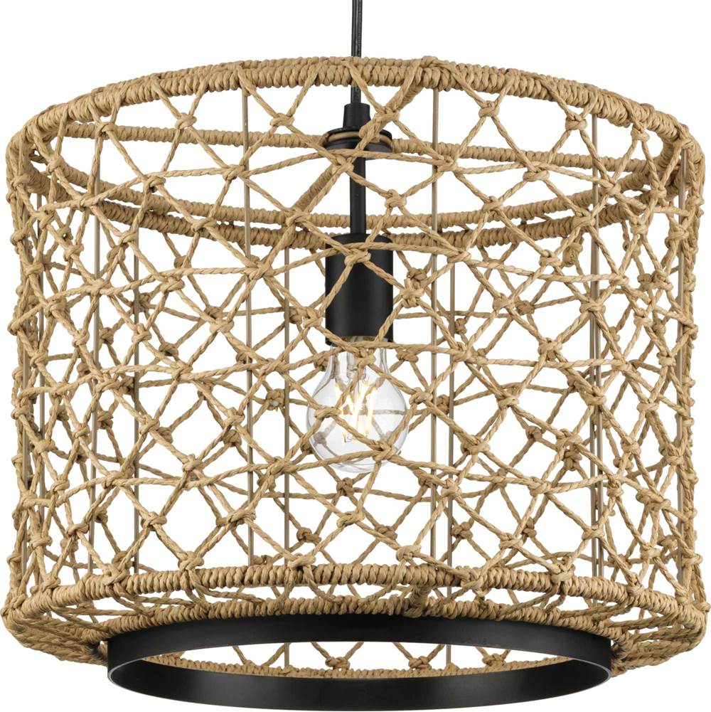 Progress Lighting Chandra Collection One-Light Matte Black Global Pendant with Woven Shade