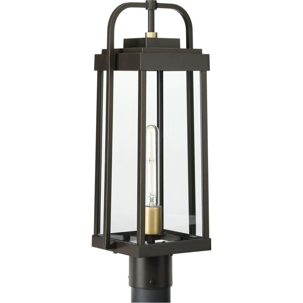 Progress Lighting Walcott Collection  One-Light  Antique Bronze with Brasstone Accents Clear Glass Transitional Outdoor Post Light
