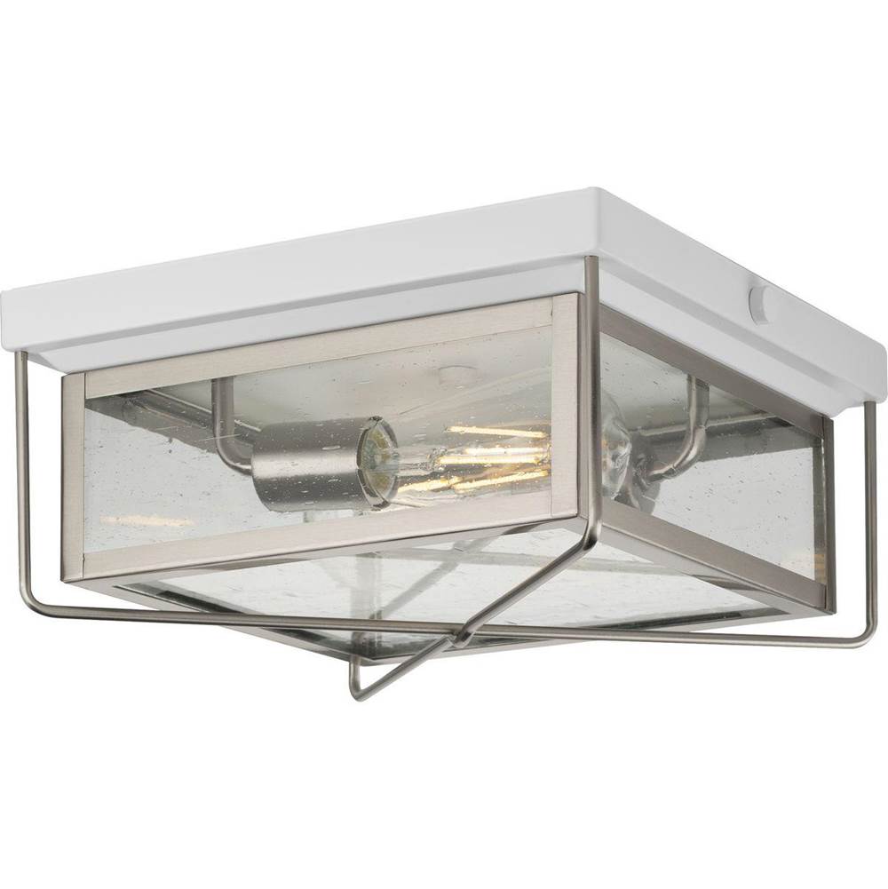 Progress Lighting Barlowe Collection Two-Light Stainless Steel and Clear Seeded Glass Farmhouse Style Flush Mount Ceiling Light