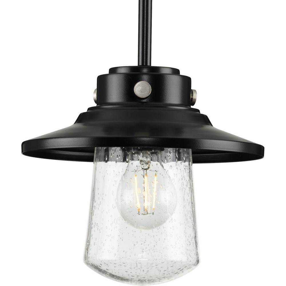 Progress Lighting Tremont Collection One-Light Matte Black and Clear Seeded Glass Farmhouse Style Hanging Mini-Pendant Light