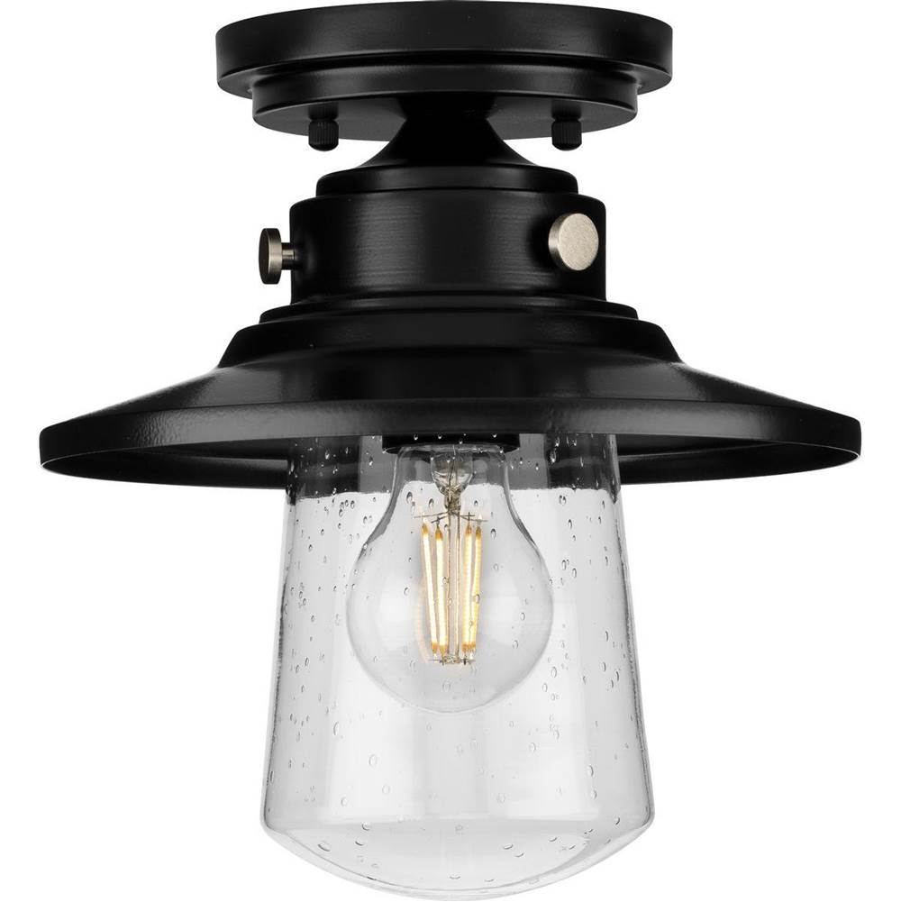 Progress Lighting Tremont Collection One-Light Matte Black and Clear Seeded Glass Farmhouse Style Ceiling Light