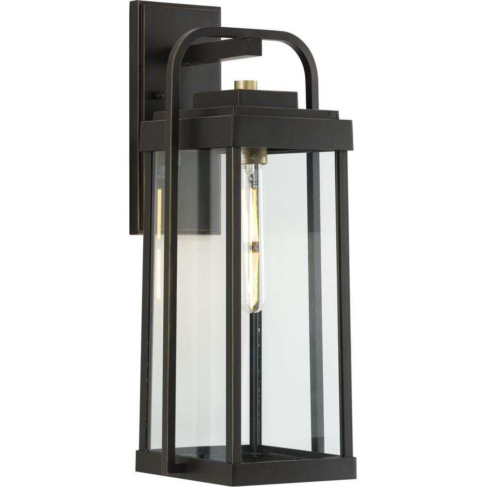Progress Lighting Walcott Collection  One-Light  Antique Bronze with Brasstone Accents Clear Glass Transitional Outdoor Wall Lantern Light