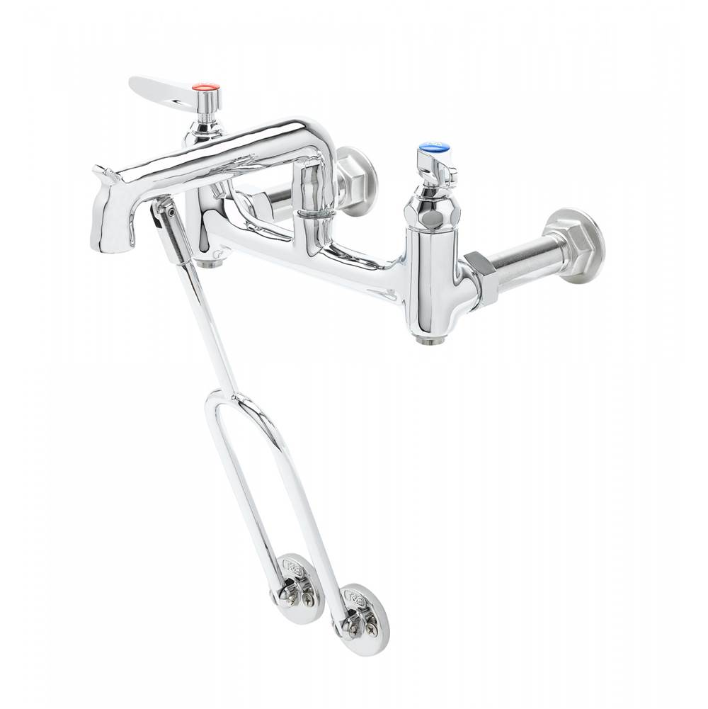 T&S Brass Service Sink Faucet, Wall Mount, 8'' Centers, Built-In Stops, Wall Brace, Polished Chrome